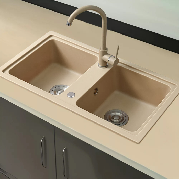 Leziter Chiuvetă pătrată Tia din granit cu două cuve și sifon bej [2]