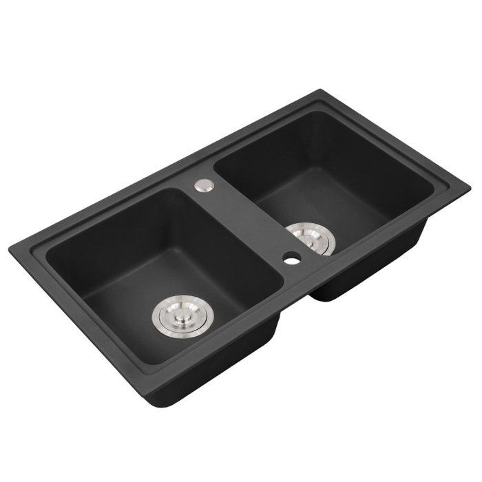 Leziter Chiuvetă pătrată Tia din granit cu două cuve și sifon, neagră [5]