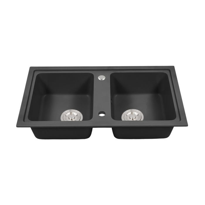 Leziter Chiuvetă pătrată Tia din granit cu două cuve și sifon, neagră [6]