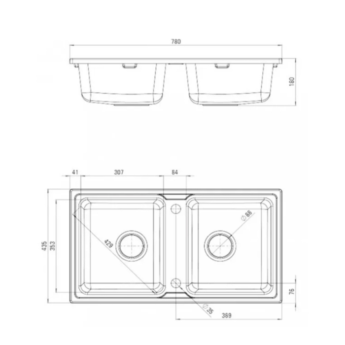 Leziter Chiuvetă pătrată Tia din granit cu două cuve și sifon, neagră [3]