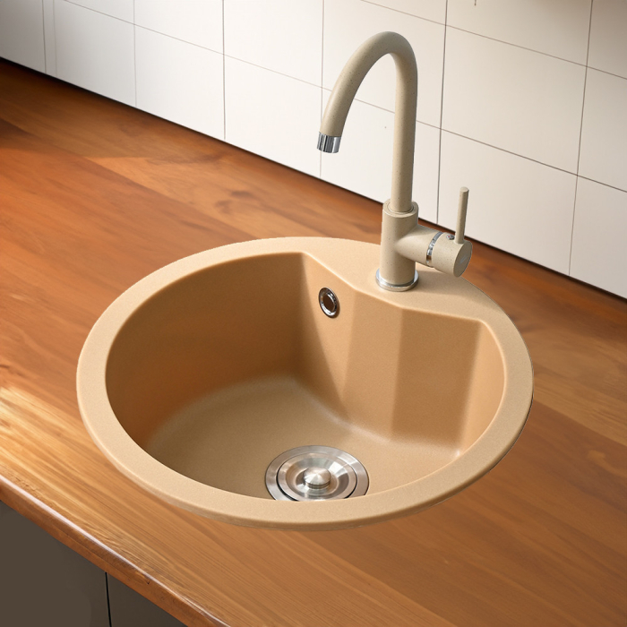 Leziter Chiuvetă rotundă Dorin din granit cu o singură cuvă și sifon bej [2]