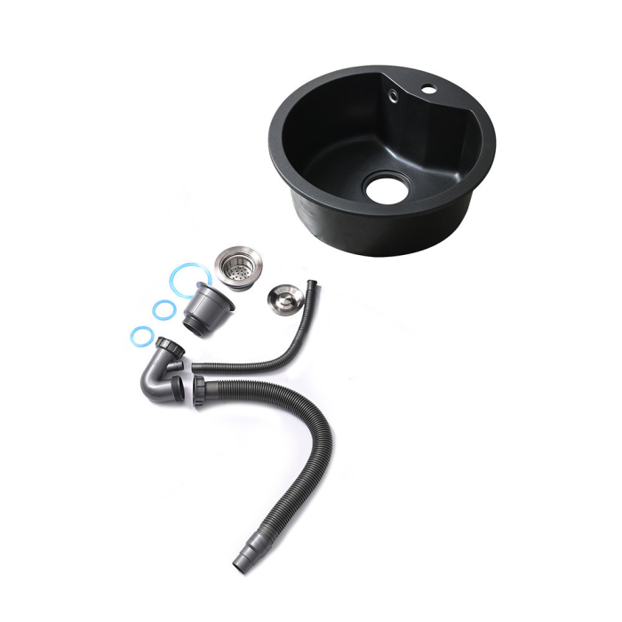 Leziter Chiuvetă rotundă Dorin din granit cu o singură cuvă și sifon, neagră [5]