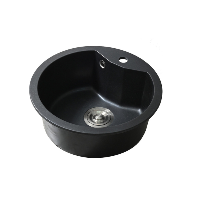 Leziter Chiuvetă rotundă Dorin din granit cu o singură cuvă și sifon, neagră [6]
