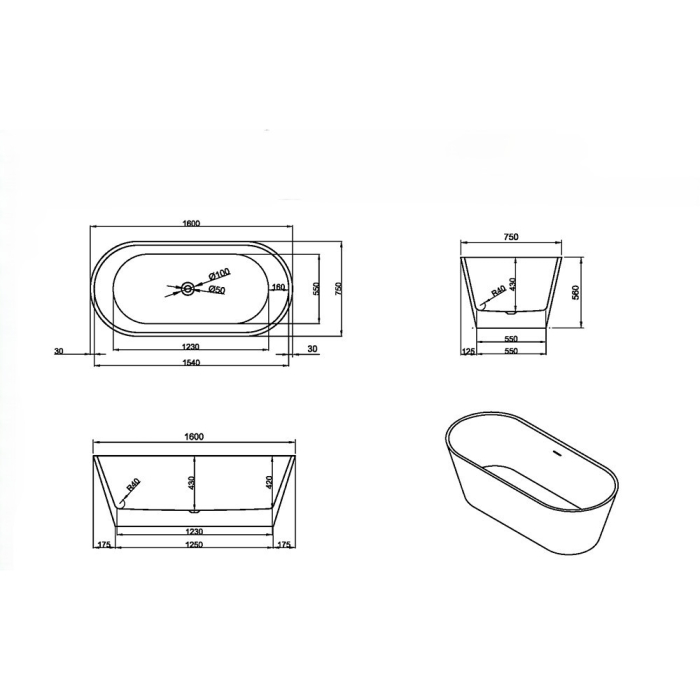 Leziter Noa cadă de baie de sine stătătoare 160x75x56 cm [4]