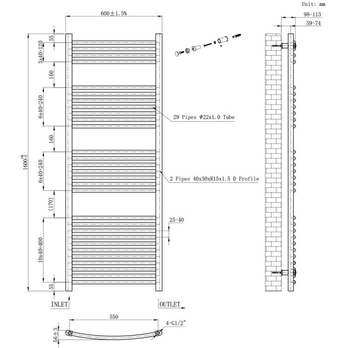 Leziter Radiator cu uscător de prosoape curbat 1600x600 mm alb [3]