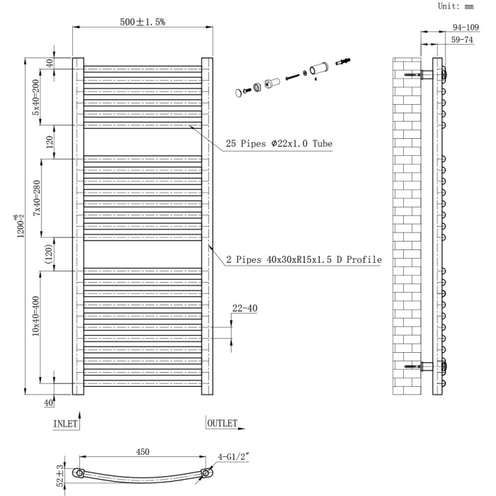 Leziter Radiator curbat pentru uscător de prosoape 1200x500 mm alb [3]
