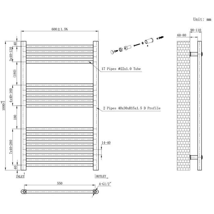 Leziter Radiator uscător de prosoape drept 1000x600 mm negru [3]