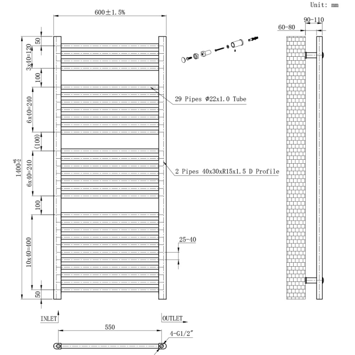 Leziter Radiator uscător de prosoape drept 1400x600 mm alb [3]