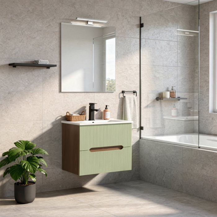 Leziter Trent mobilier de baie 60 cm ceramică chiuvetă (2 sertare) cu oglindă 60x80 cm sunset stejar-pistachio verde [2]