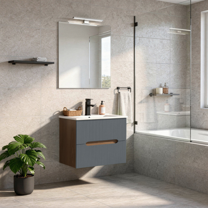 Leziter Trent mobilier de baie 60 cm chiuvetă ceramică (2 sertare) cu oglindă 60x80 cm stejar sunset-antracit gri [2]