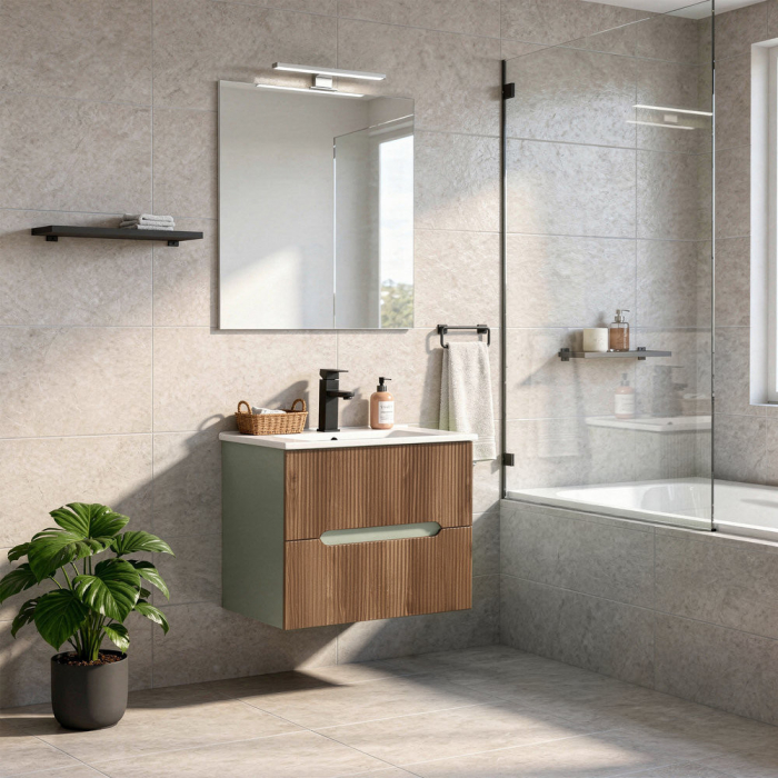 Leziter Trent mobilier de baie 60 cm chiuvetă ceramică (2 sertare) cu oglindă 60x80 cm stejar verde măslin-sunset [2]