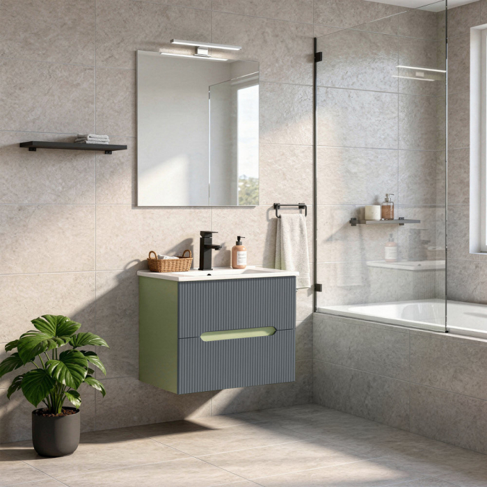Leziter Trent mobilier de baie 60 cm chiuvetă ceramică (2 sertare) cu oglindă 60x80 cm verde fistic-gri antracit [2]