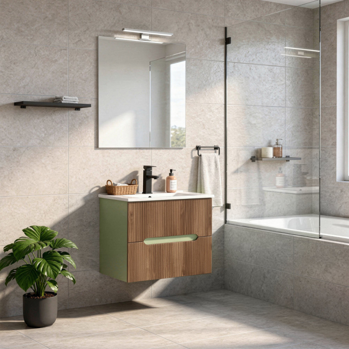 Leziter Trent mobilier de baie 60 cm chiuvetă ceramică (2 sertare) cu oglindă 60x80 cm verde fistic - stejar apus de soare [2]