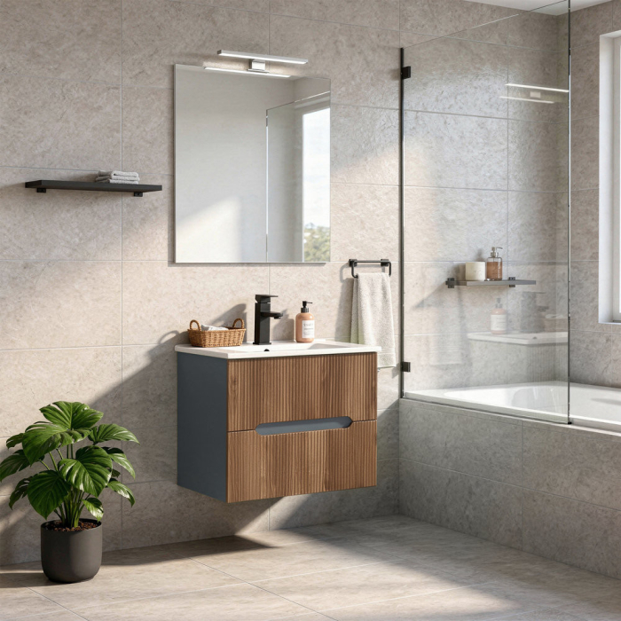 Leziter Trent mobilier de baie 60 cm lavoar ceramic (2 sertare) cu oglindă 60x80 cm gri antracit - stejar apus de soare [2]