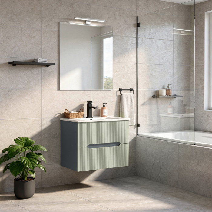Leziter Trent Mobilier de baie 60 cm lavoar ceramic (2 sertare) cu oglindă 60x80 cm gri antracit-verde-oliv [2]