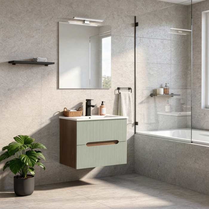 Leziter Trent Mobilier de baie 60 cm lavoar ceramic (2 sertare) cu oglindă 60x80 cm stejar sunset-olive verde [2]