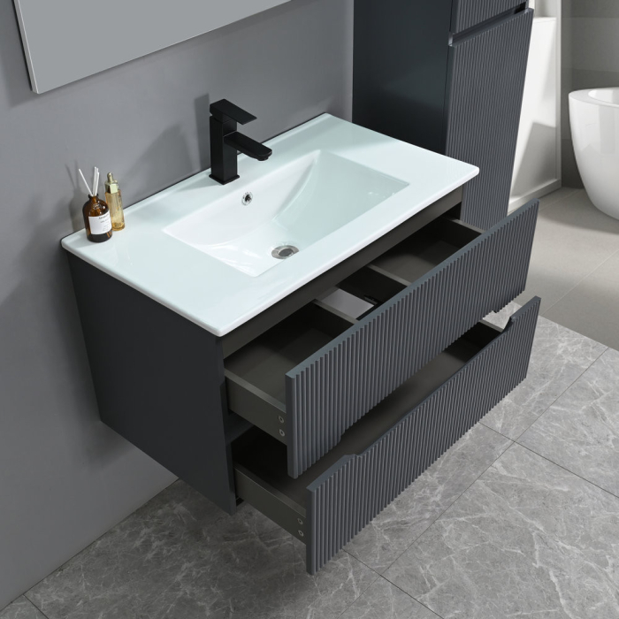 Leziter Trent Mobilier de baie 80 cm lavoar ceramic (2 sertare) cu oglindă 60x80 cm gri antracit [7]