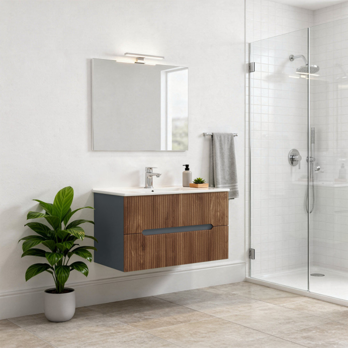 Leziter Trent Mobilier de baie 80 cm lavoar ceramic (2 sertare) cu oglindă 60x80 cm gri antracit - stejar apus de soare [2]