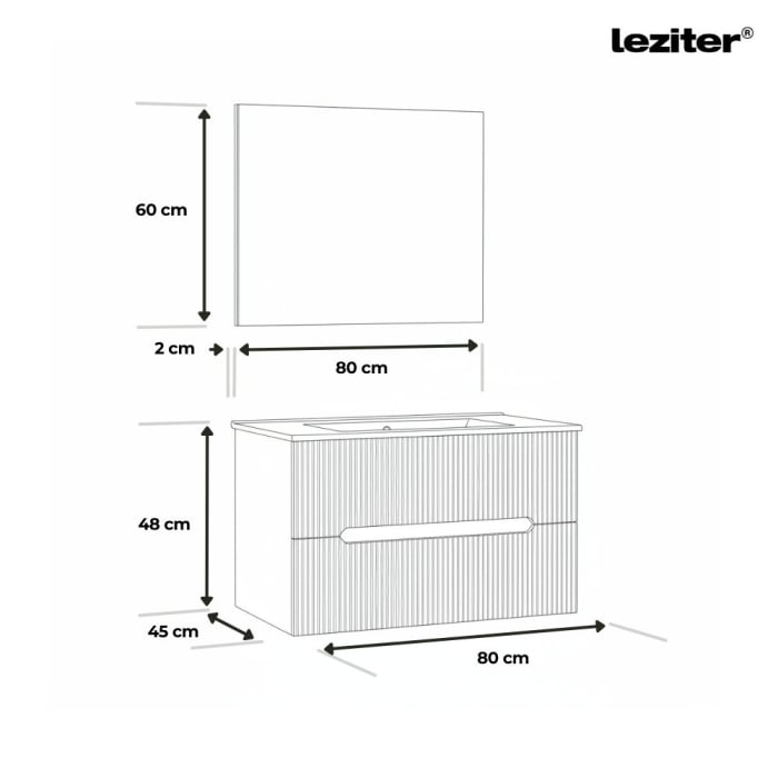 Leziter Trent Mobilier de baie 80 cm lavoar ceramic (2 sertare) cu oglindă 60x80 cm gri antracit - stejar apus de soare [3]