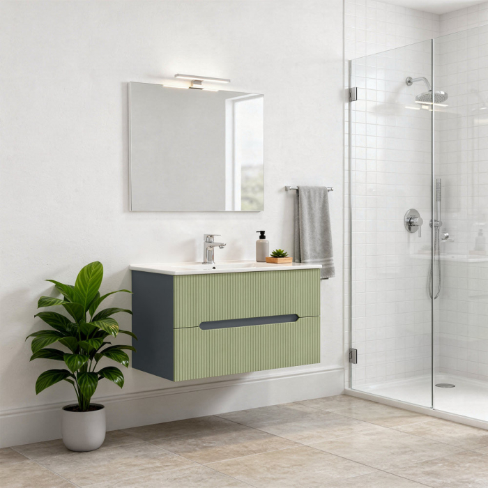 Leziter Trent Mobilier de baie 80 cm lavoar ceramic (2 sertare) cu oglindă 60x80 cm gri antracit-verde fistic [2]