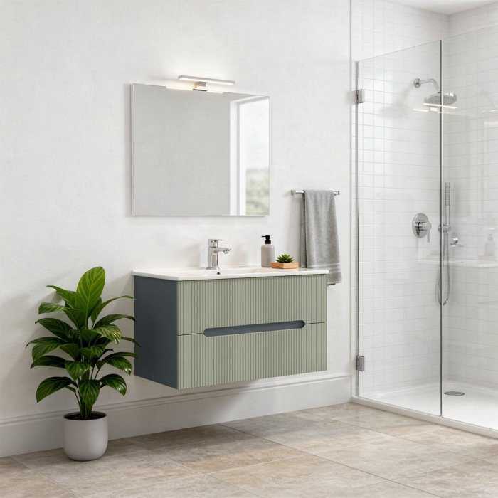 Leziter Trent Mobilier de baie 80 cm lavoar ceramic (2 sertare) cu oglindă 60x80 cm gri antracit-verde-oliv [2]