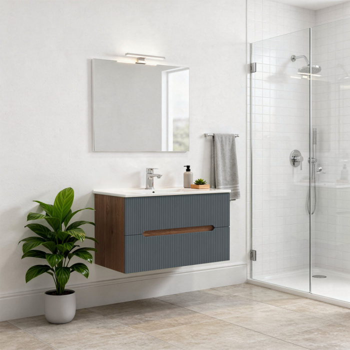 Leziter Trent Mobilier de baie 80 cm lavoar ceramic (2 sertare) cu oglindă 60x80 cm stejar sunset-antracit gri [2]