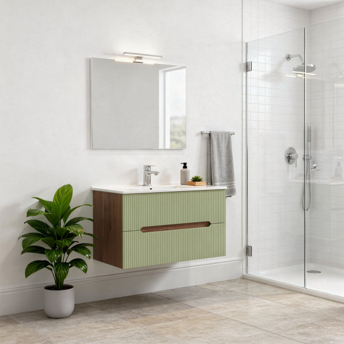 Leziter Trent Mobilier de baie 80 cm lavoar ceramic (2 sertare) cu oglindă 60x80 cm stejar sunset-verde fistic [2]