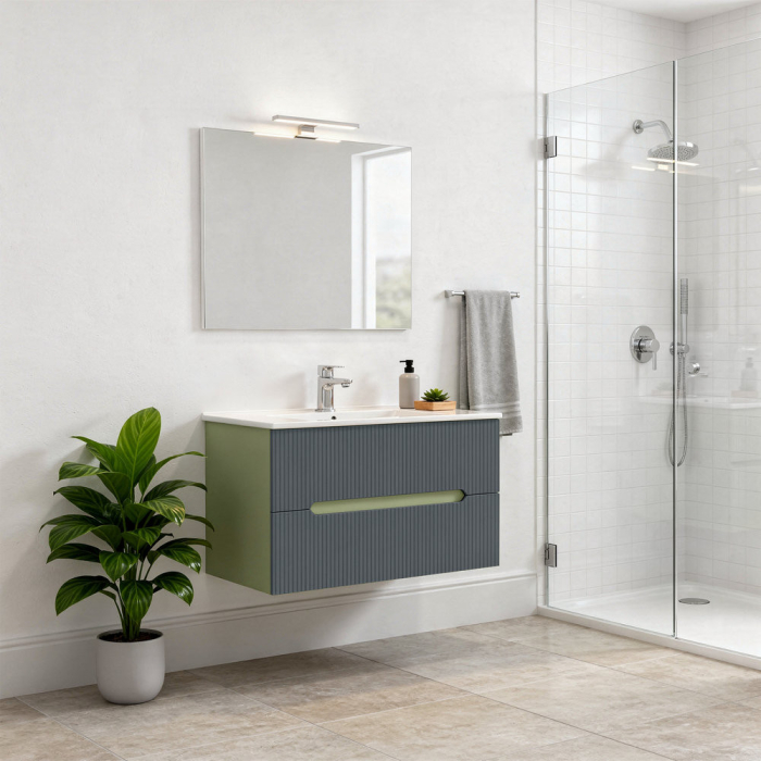 Leziter Trent Mobilier de baie 80 cm lavoar ceramic (2 sertare) cu oglindă 60x80 cm verde fistic-gri antracit [2]