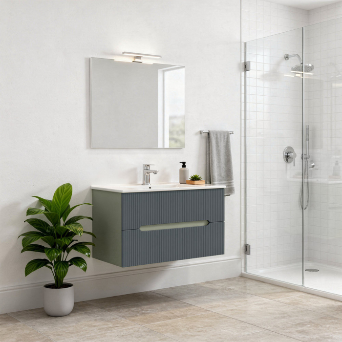 Leziter Trent Mobilier de baie 80 cm lavoar ceramic (2 sertare) cu oglindă 60x80 cm verde măslin-gri antracit [2]