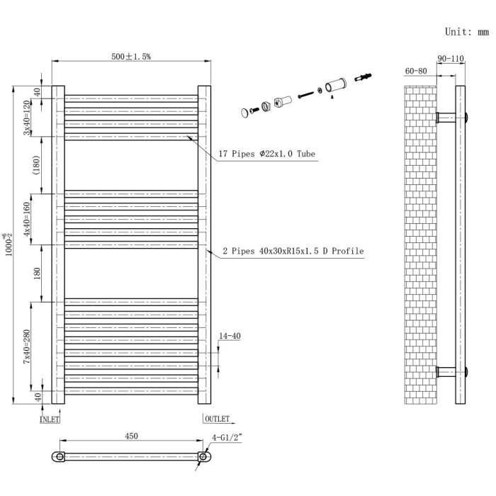Leziter Uscător de prosoape drept radiator 1000x500 mm negru [3]