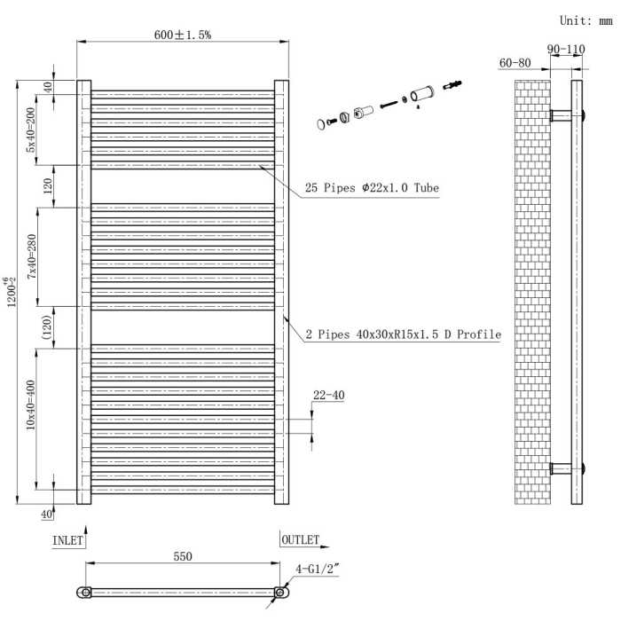 Leziter Uscător de prosoape drept radiator 1200x600 mm negru [3]