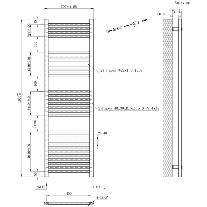 Leziter Uscător de prosoape drept radiator 1600x500 mm negru [3]