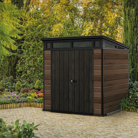 Curver Căsuță de grădină din plastic Signature PENT 7X7, lemn de nuc [1]