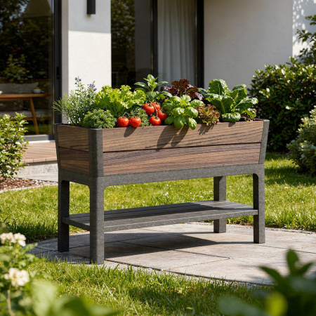 Curver Deco înălțat ghiveci de grădină din plastic cu raft inferior 110l nuc [1]