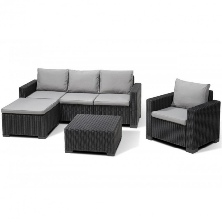 Produse temporar indisponibile - Curver Set de grădină Moorea, canapea de colț, fotoliu și masă, gri închis cu perne gri deschis
