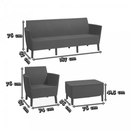 Curver Set Salemo cu canapea cu trei locuri, 2 fotolii, masă mică maro/griuriu maro [1]