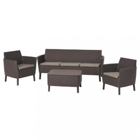 Produse temporar indisponibile - Curver Set Salemo cu canapea cu trei locuri, 2 fotolii, masă mică maro/griuriu maro