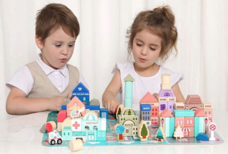 Homelux Blocuri de construcție educațională din lemn cu covor 115 piese [1]