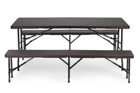 Homelux Masă de catering 180cm + 2 bănci, Set de banchet din ratan [1]