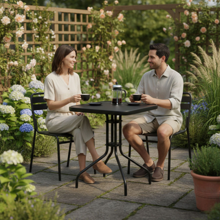 Homelux Masă de grădină cu cadru metalic 60x60 cm sticlă călită, negru [1]