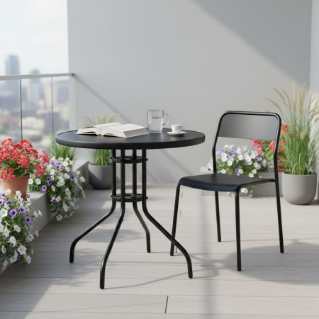 Homelux Masă rotundă de grădină cu cadru metalic 80 cm sticlă călită, negru [2]