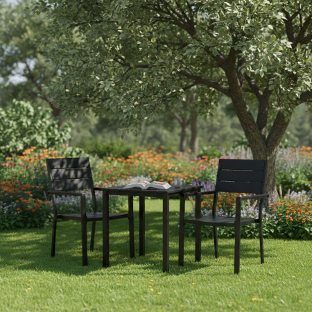 Homelux Set de 2 scaune de grădină cu cadru metalic și scaun din plastic negru [1]