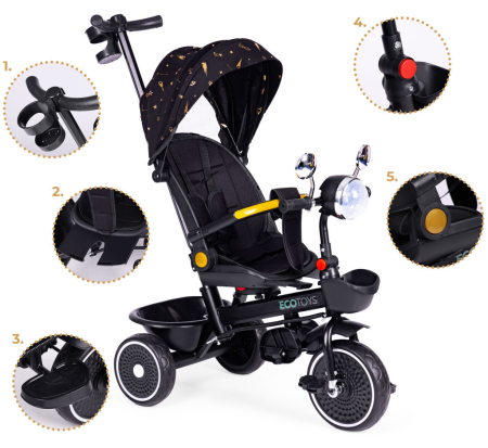 Homelux Triciclu cu scaun pivotant cu mâner de împingere și baldachin negru [8]