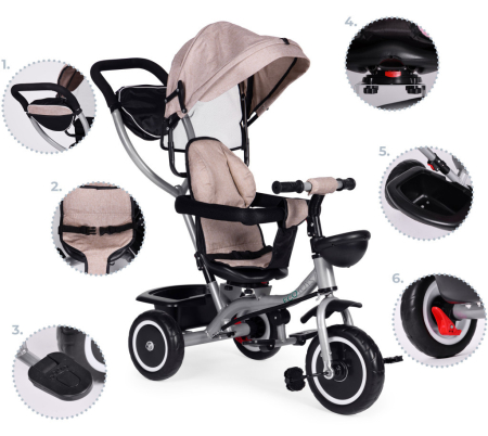 Homelux Triciclu triciclu cu scaun pivotant rabatabil parasolar 2in1 bej [8]