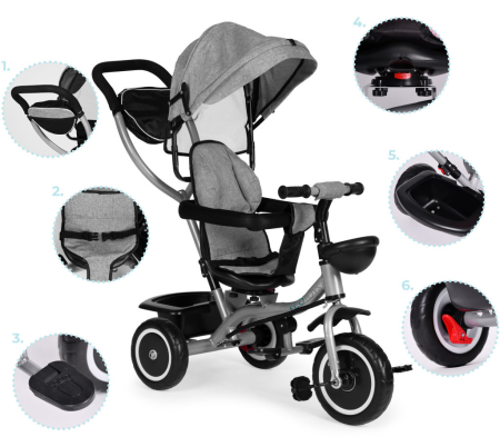 Homelux Triciclu triciclu cu scaun pivotant și parasolar pliabil 2in1 gri [8]