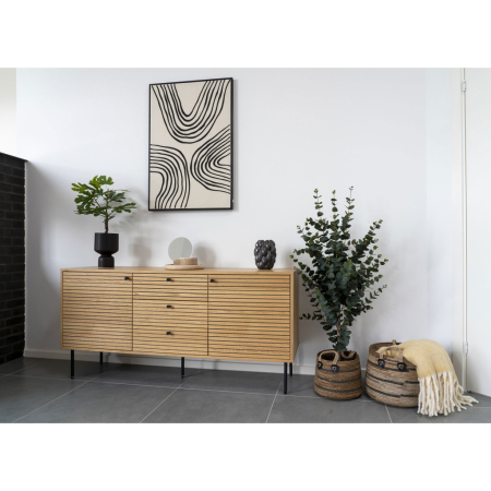 House Nordic Comodă Kyoto cu 3 sertare, 2 uși, furnir de stejar, natural, picioare din metal negru, 150x40x74 cm [8]