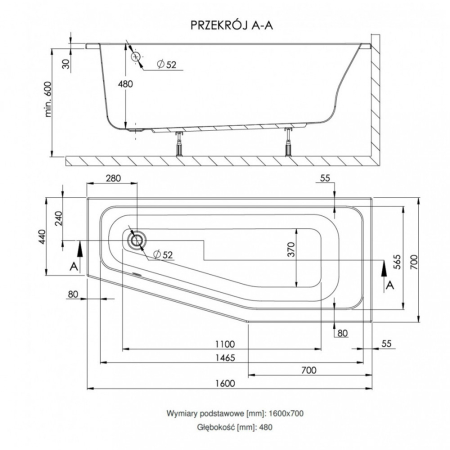 Kerra Cadă de baie asimetrică Keos 160 dreapta [2]