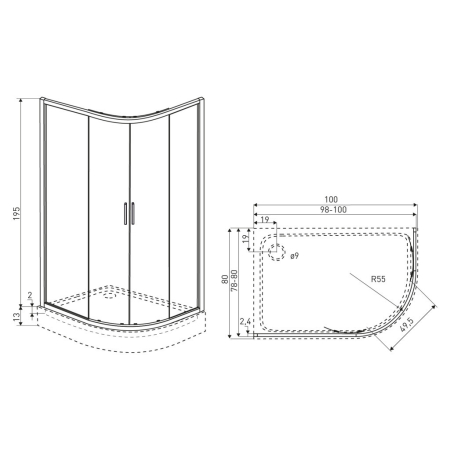 Kerra Solid RA 100x80 curbat ușă dublă asimetrică cabină de duș fără tavă [1]