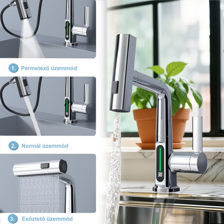 Leziter Robinet mixer pentru chiuveta de bucătărie Mara cu cap multifuncțional cu afișaj digital crom [4]