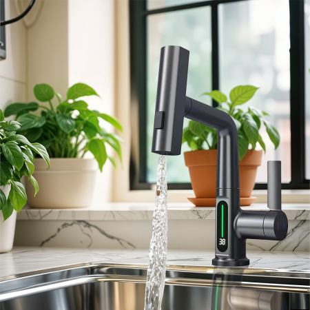 Leziter Robinet mixer pentru chiuveta de bucătărie Mara cu cap multifuncțional cu afișaj digital gri [1]